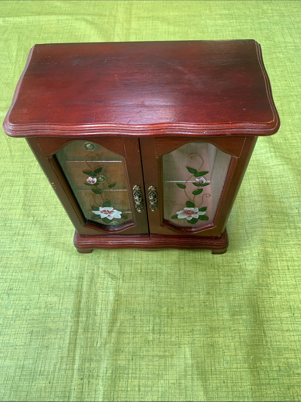 Hand-Painted Floral Wood Jewelry Cabinet in Red